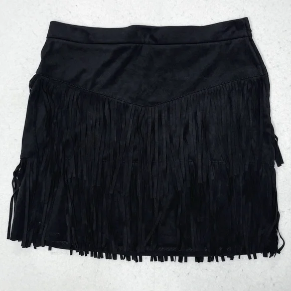Alya Black Fringe Faux Suede Mini Skirt Size Large Western Style Cowgirl - Picture 2 of 8